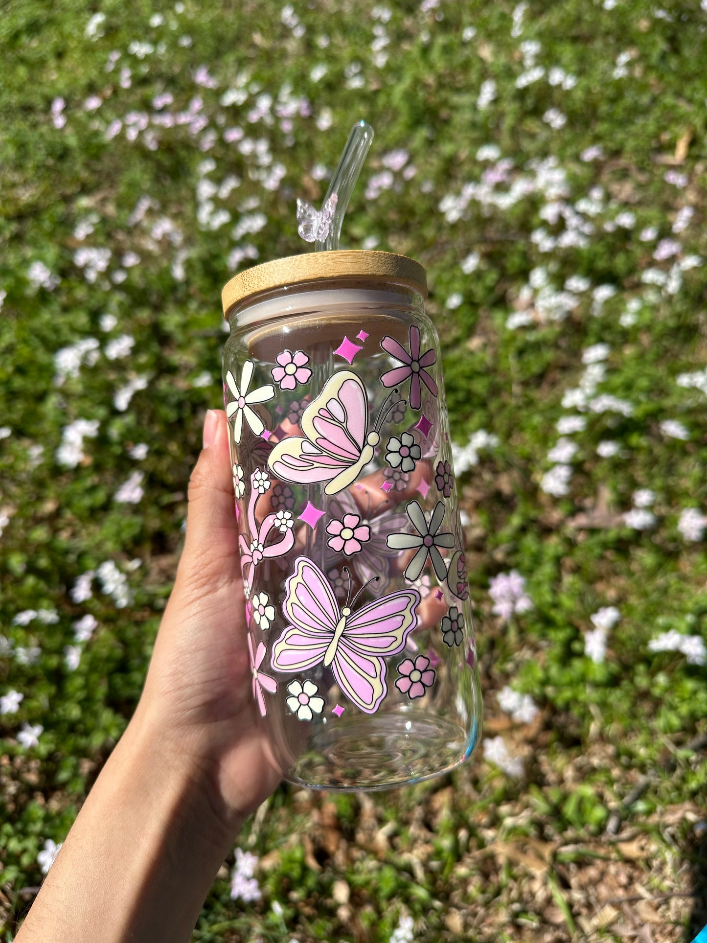 Mug glass butterfly pink