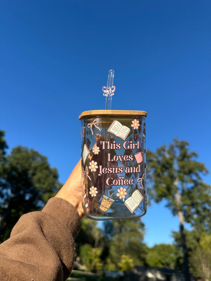Taza de vidrio “Coffee & Jesús girly design”
