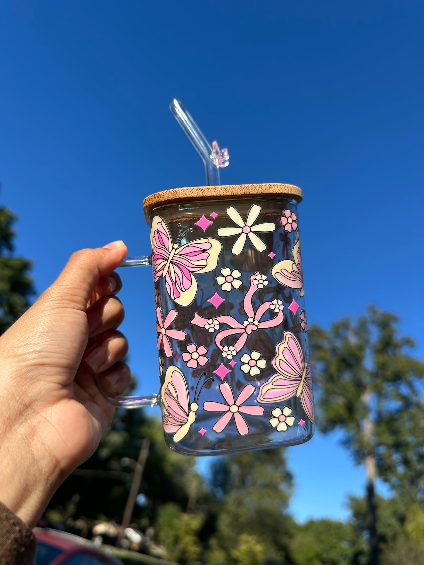 Mug glass butterfly pink