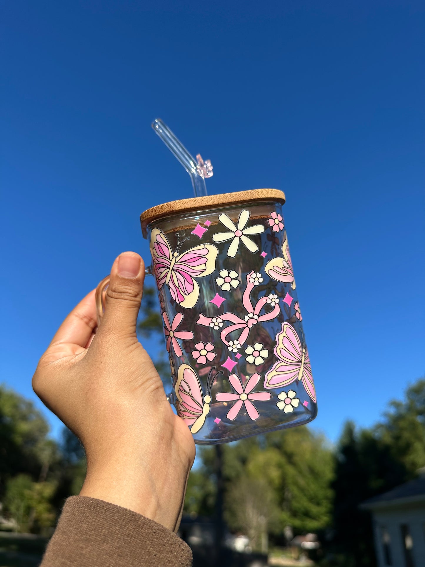 Mug glass butterfly pink