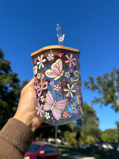 Mug glass butterfly pink