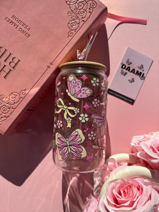 Mug glass butterfly pink