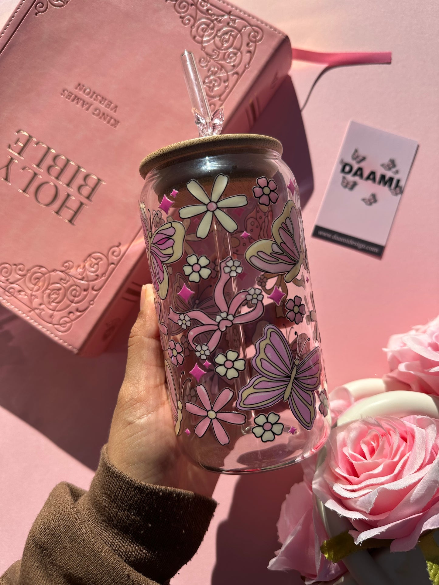 Mug glass butterfly pink