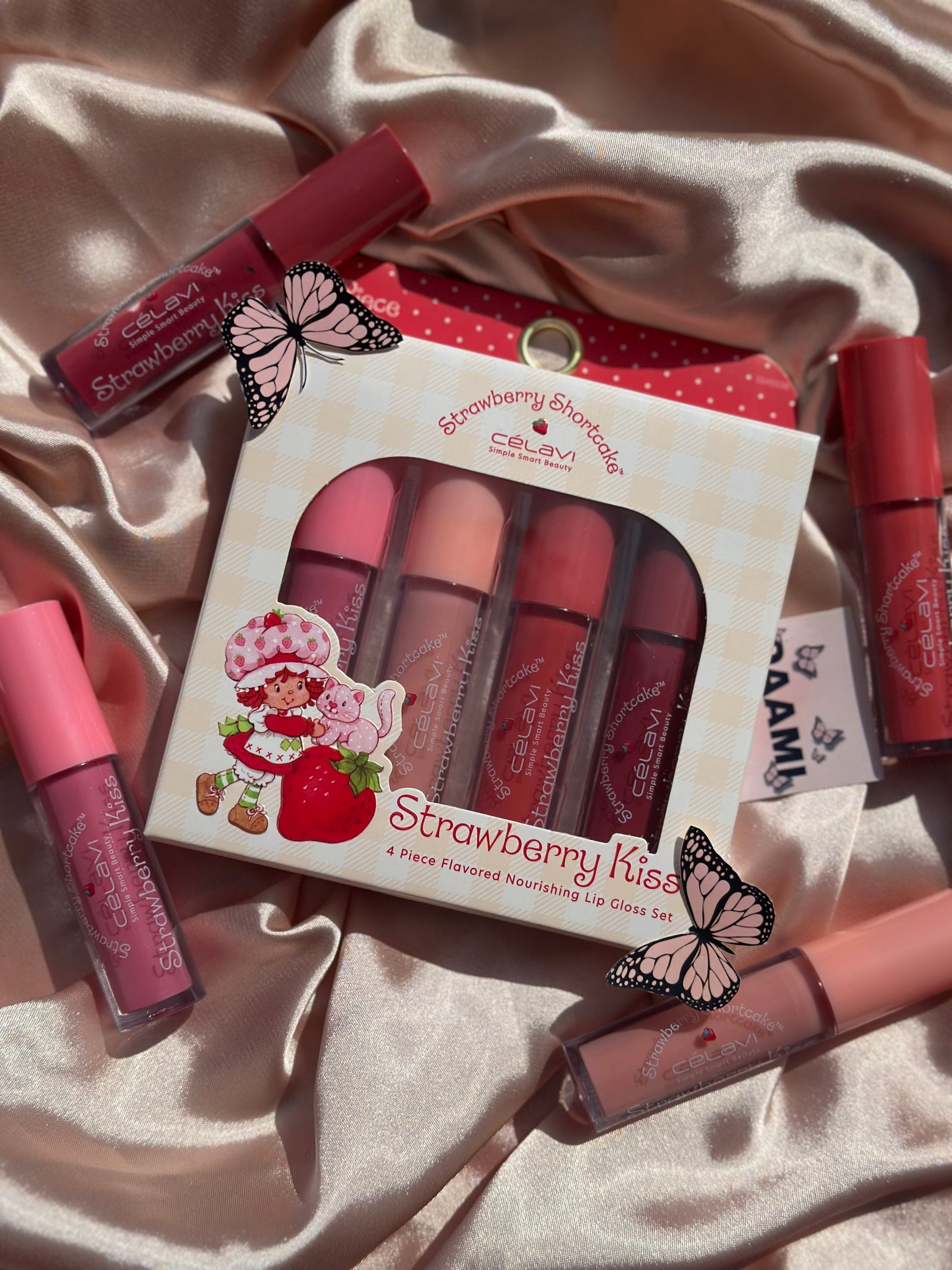 "Strawberry kiss" 4 piezas lip gloss set de Strawberry shortcake, lip gloss de rosita fresita, strawberry shortcake de celavi floss de fresa